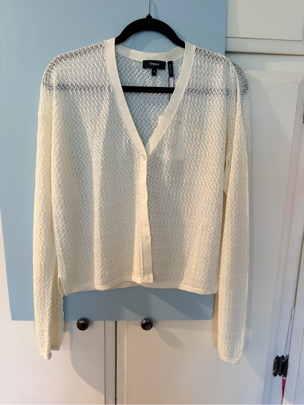 Theory Cream Hanelee silk Open-Weave V-Neck Button Cardigan